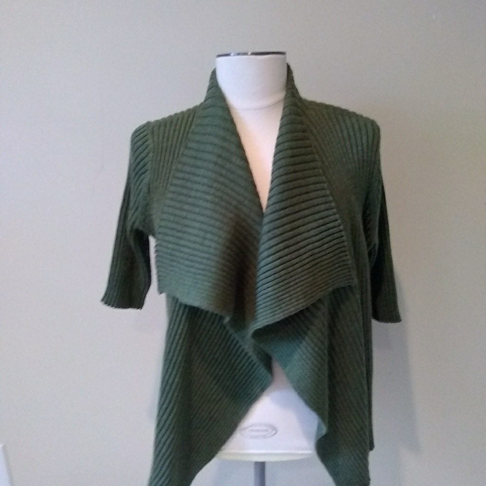Eileen Fisher Green Ribbed Wool Draped Cardigan XS